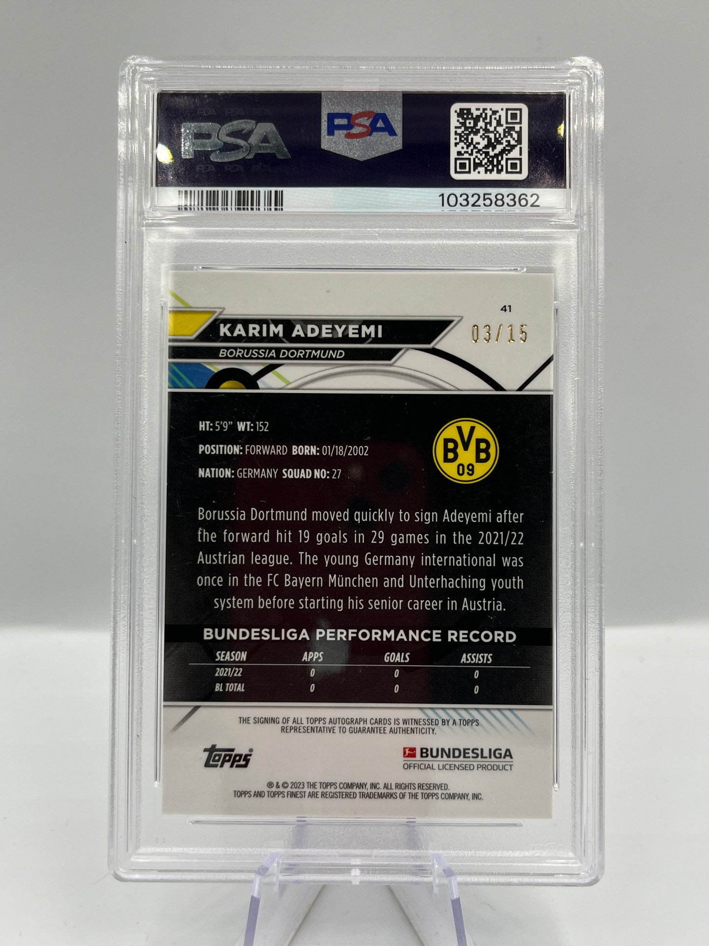 Topps Finest BuLi 22/23 Karim Adeyemi BVB Dortmund Orange Auto 03/15 PSA10 #41