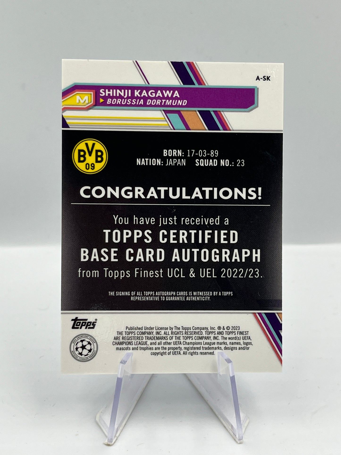 Topps Finest UCL 22/23 Shinji Kagawa BVB Dortmund Autograph 045/150 #A-SK