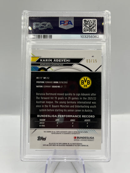 Topps Finest BuLi 22/23 Karim Adeyemi BVB Dortmund Orange Auto 03/15 PSA10 #41