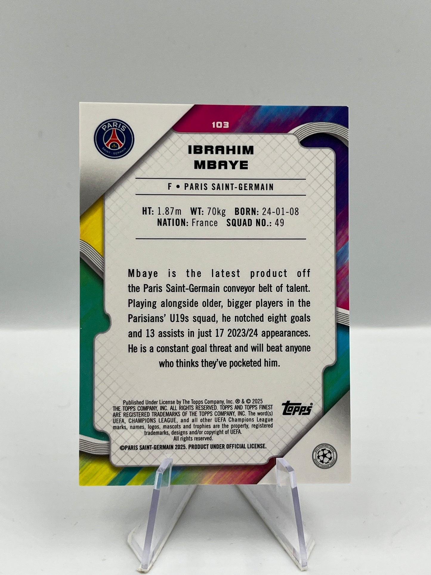 Topps Finest UCC 24/25 Ibrahim Mbaye PSG Mini Diamonds RC 18/50 #103