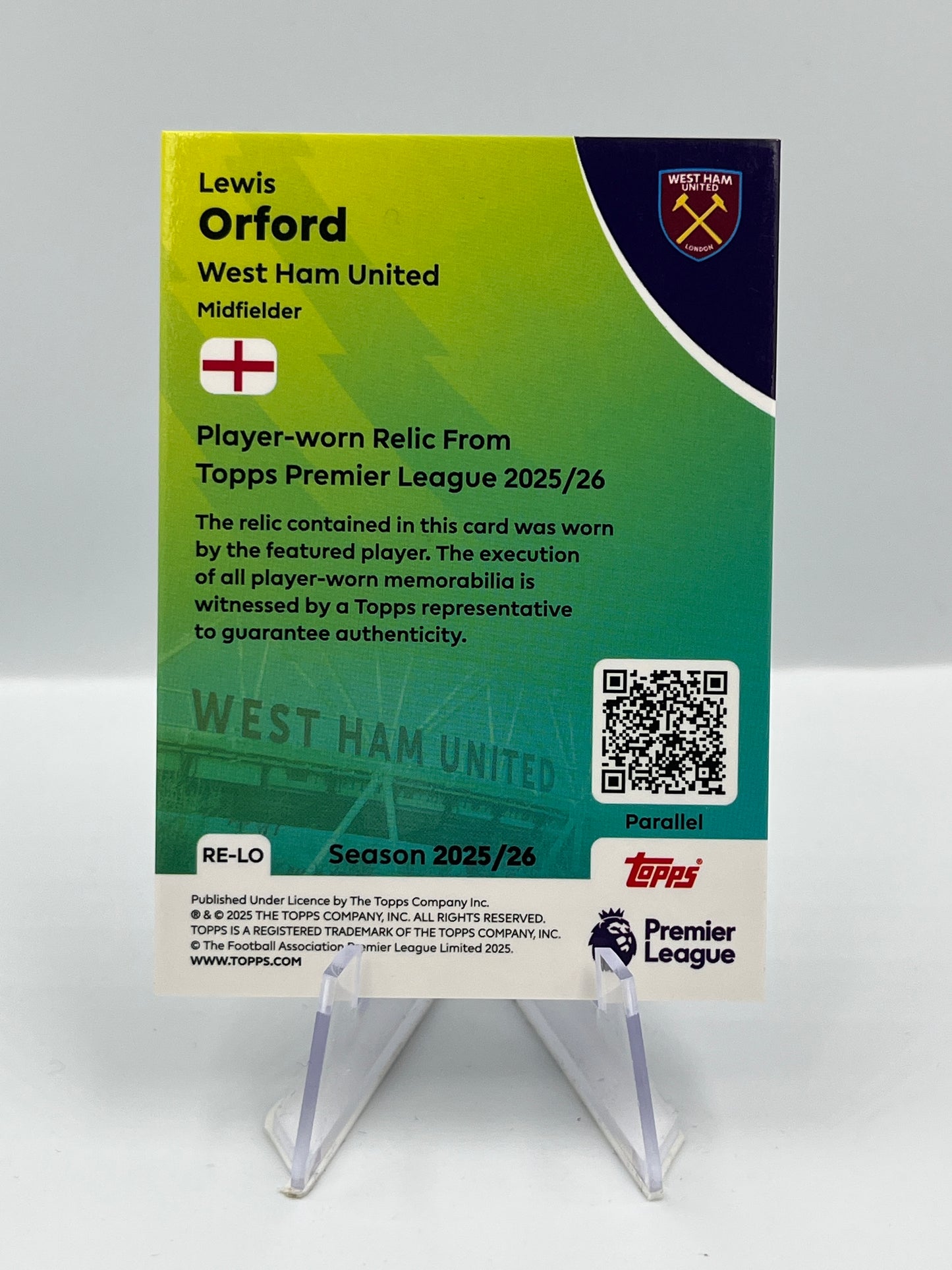 Topps Premier League 25/26 Lewis Orford West Ham Relic RC 048/150 #RE-LO